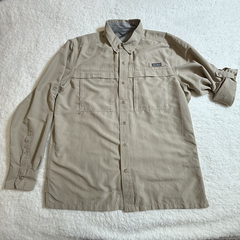 Eddie Bauer Fishing Shirt Mens L EB600 Vented Polyester Driftwood Tan Solid